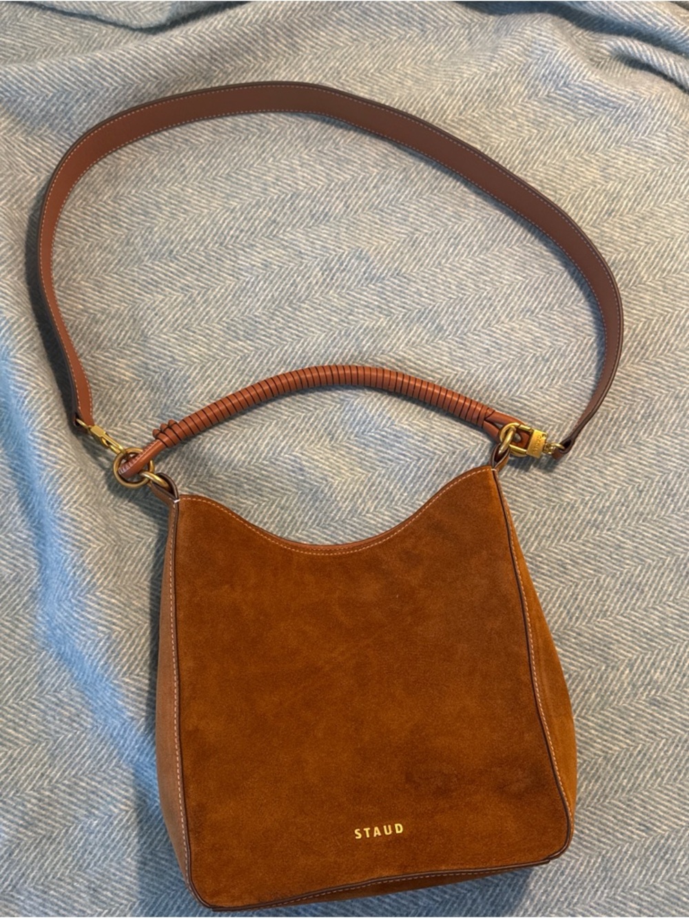 STAUD Mel Bag Cognac Suede Shoulder Bag with Wrapped Handle